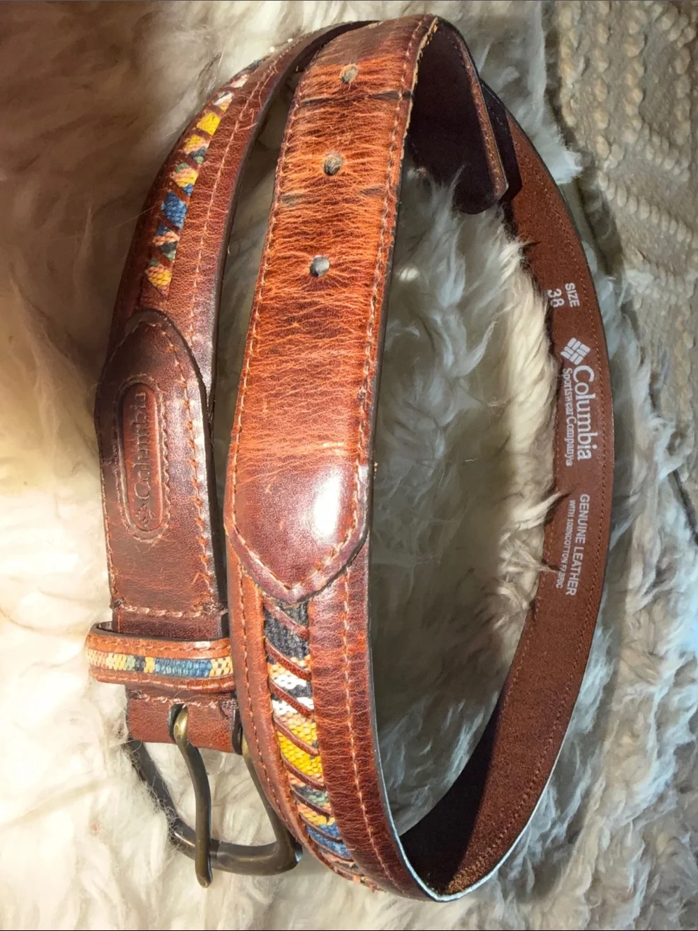 Vintage Columbia oil Brown Leather native Woven Accents golf 38 belt western